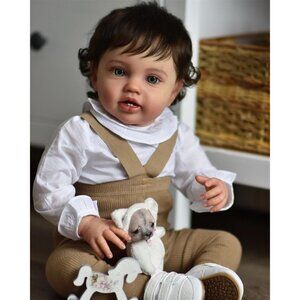 24 Inch Realistic Reborn Baby Boy Doll with Curly Hair Handmade with Clothes 3+